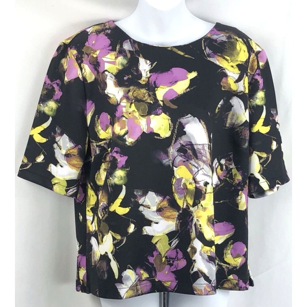 Liz Claiborne top XL blk purple geometric splash art shortsleeve Colorful Funky